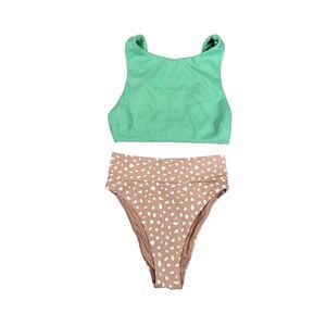 aerie Mint Green High Neck Bikini Top & Tan Heart Print High Waist Bottom